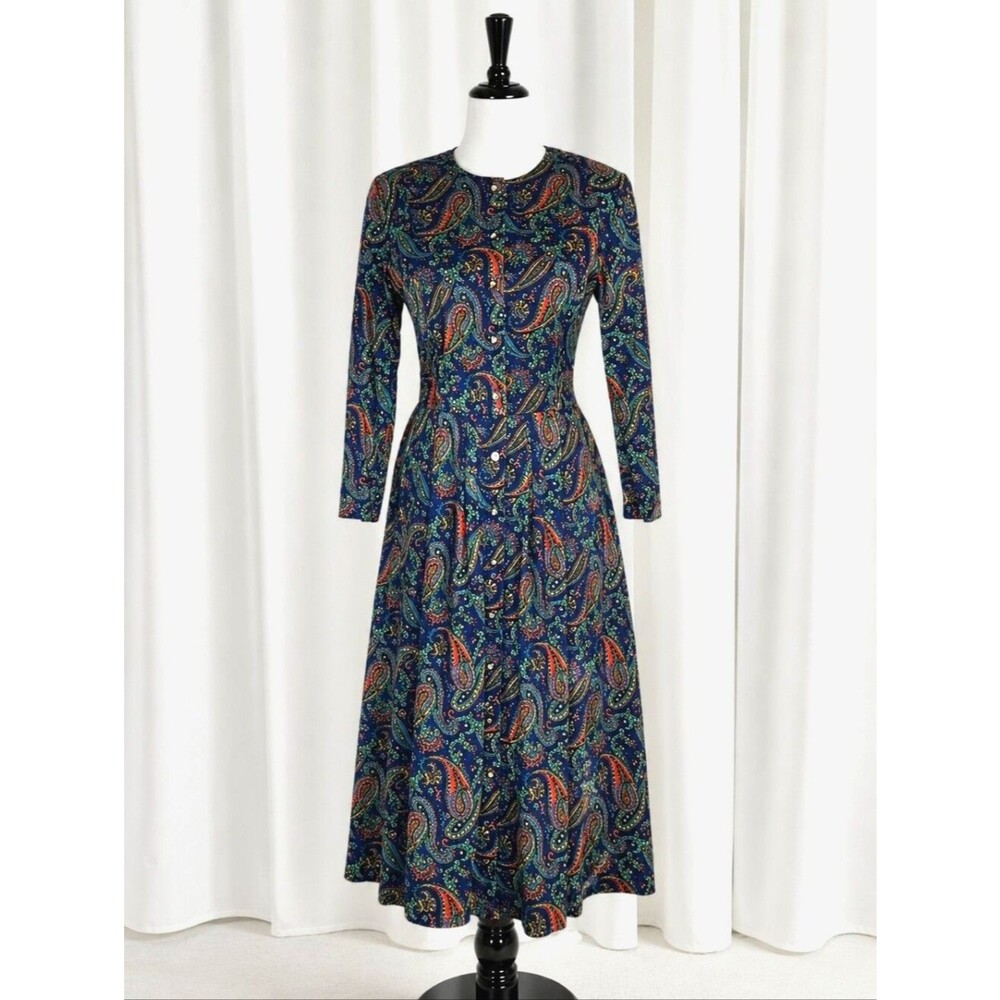 Talbots Sara Campbell Vintage Jewel Tone Paisley Button Front Classic Midi Dress